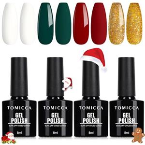 TOMICCA - Set di 4 smalti da polimerizzare in lampada UV/LED per nail art fai da te, colori rosso, verde, bianco, glitter, per Natale, per uso professionale e fai da te, 8 ml