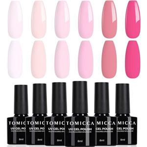 TOMICCA - Set di smalti UV in 6 colori, rosa scuro, rosa chiaro, rosa confetto, smalto in gel naturale, da polimerizzare in lampada UV LED, per manicure e nail art fai da te, 8 ml