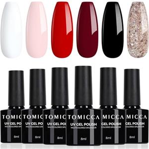 TOMICCA Smalto Semipermanente Set, 6 Colori Rosso Nero Bianco Glitter Series, 8ML Gel Unghie UV/LED Kit, Per La Casa Nail Salone Fai Da