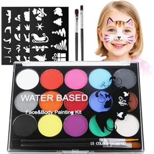 Alaoo Body Painting, 15 Colori Truccabimbi Kit, Face Painting, con 32 Stampini e 2 Pennelli,naturale e sicuro, Pittura Corpo Bambini Professionale, Adatto per feste, trucco, Halloween