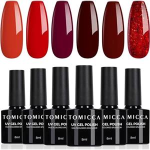 TOMICCA Smalto Semipermanente Set, 6 Colori Rosso e Rosso Glitterato Series, 8ML Gel Unghie UV/LED Kit, Per La Casa Nail Salone Fai Da