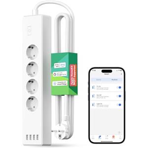 Meross 4000W Ciabatta Elettrica WiFi Smart Alexa, Multipresa Controllo Vocale con 4 Schuko 4 Porte USB, Risparmio Energetico, Protezione da Sovraccarico Compatibile con Google Home