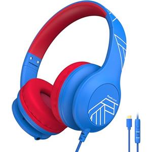 PowerLocus Cuffie per bambini, cuffie per bambini cablate con microfono, limite di volume sicuro 85/94 dB, over-ear, USB-C, funzione di condivisione musica, cuffie pieghevoli per bambini per scuola