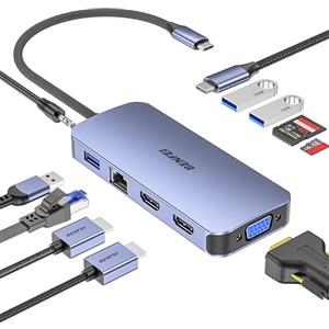 BENFEI 11-in-1 USB C Hub Triple Display Docking Station Doppio HDMI, VGA, 3*USB 3.0, 1Gbps Ethernet, 100W Power Delivery, Lettore di schede SD/TF, Audio AUX da 3,5 mm.