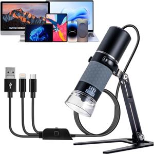 Jiusion 1080P Microscopio Portatile Digitale USB, Endoscopio in Ingradopia Da 50 a 1000X Full HD 1920x1080P 8 LED Con Supporto in Metallo Per iPhone iPad Android Windows Linux Chrome