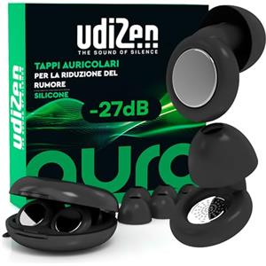 Udivita Tappi per Orecchie per Viaggiare Dormire Studiare -27dB Antirumore UdiZen Aura Insonorizzanti - 1 Paio Inserti Auricolari Ergonomici Riutilizzabili Riduzione Rumore SNR 27dB Colore Nero con Custodia