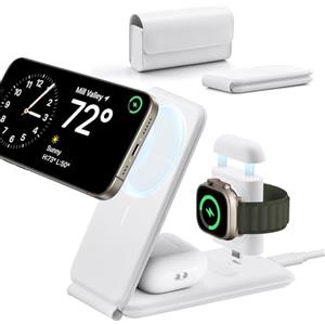 ESR HaloLock 3 in 1 Stazione Ricarica da Viaggio, Caricatore Wireless Magnetico Compatibile con MagSafe, per Apple Watch, iPhone 16/15/14, AirPods 4/3/2/Pro, Supporto Regolabile a 2 Posizioni, Bianco