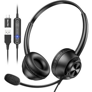 New Bee Cuffie con Microfono per PC, Cuffie con Microfono, cuffia per PC con USB-A e USB-C, per call center/conferenze telefoniche/chat Skype/corsi online
