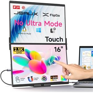JSAUX FlipGo 16" Touchscreen Monitor Portatile a Doppio Schermo, 2.5K Doppio Estensore di Schermo Portatile, Triplo Schermo Touch Compatibile con Windows, Connessione a cavo unico/Design Magnetico