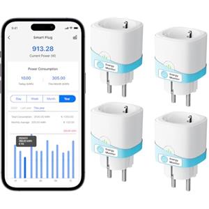 Meross Presa Smart WiFi con Monitoraggio Consumi, Presa Intelligente 16A, Presa Smart Schuko (Type F) Compatibile con Alexa, Google Home e SmartThings, Controllo Vocale e Remoto, 4 Pezzi