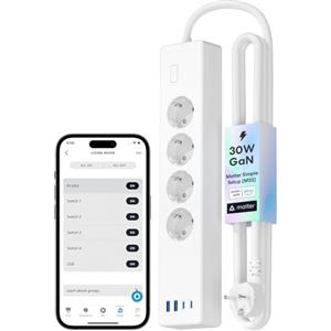 Meross Ciabatta Multipresa Matter con USB C 30W, Multipresa Smart WiFi Caricatore Rapido USB C Matter Simple Setup, Compatibile con Alexa, Apple HomeKit e Google, 16A, 4 Prese, 2 USB C, 1,8M