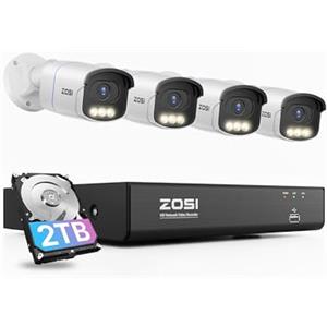 ZOSI Kit Telecamera di Sorveglianza Esterna PoE, 8CH 4K NVR 2TB HDD, 4 Telecamere IP da 5MP, Rilevamento Persone/Veicoli Ampia Apertura F1.0 Sensore Super 1/1,79", Visione Notturna a Colori, C186A