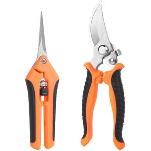 OFFCUP Forbici da Potatura, 2Pcs Cesoie a Mano, Arancione Forbici da Giardino, Lame in Acciaio Inox con Lega di Zinco, Antiscivolo con Impugnatura di Bloccaggio(Taglio Dritto + Taglio Curvo)