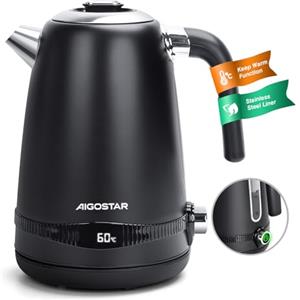 Aigostar Bollitore Elettrico Temperatura Regolabile Acciaio Inox 1,7 Litri Nero - Bollitore Acqua Elettrico 2200W, Funzione di Mantenimento in Caldo, Senza Plastica All'interno, Senza BPA