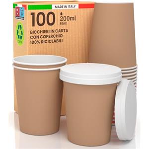 Baciato Caffè Set di 100 tazze da caffè per l'avana 200 ml con coperchio in carta - bevande calde e fredde biologiche biodegradabili - tazze usa e getta colorate + 100 coperchi con beccuccio