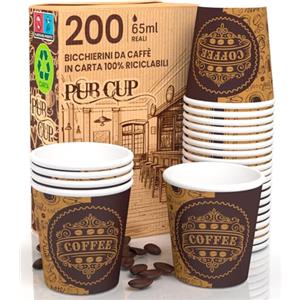 Eurocali 200 Bicchierini in Carta per caffè 65ml PubCUP Bicchieri Ecologici Biodegradabili Monouso Piccoli Asporto Bevande Calde