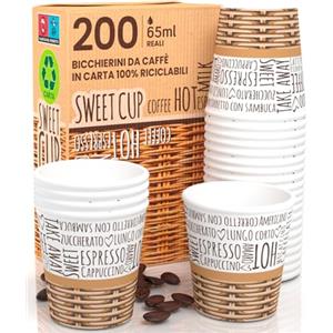 Eurocali 200 Bicchierini in Carta per caffè 65ml SweetCUP Bicchieri Ecologici Biodegradabili Monouso Piccoli Asporto Bevande Calde