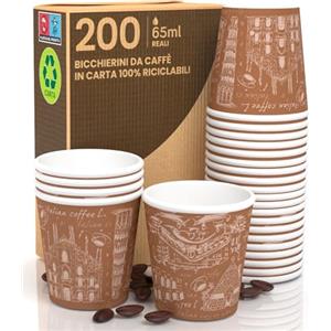 Baciato Caffè 200 Bicchierini in Carta da caffè 65ml Italy Brown Bicchieri Ecologici Biodegradabili Monouso Piccoli Asporto Bevande Calde