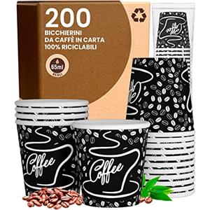 Baciato Caffè 200 Bicchierini in Carta da caffè 65ml BlackCUP Bicchieri Ecologici Biodegradabili Monouso Piccoli Asporto Bevande Calde