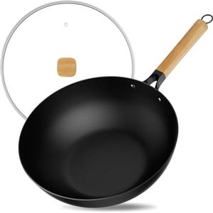 Jobin 30cm Wok Antiaderente con Coperchio, Wok Induzione Senza Rivestimento Chimico e Grande Capacità per Porzioni di cibo per 3-5 Persone, Ideale Padella per Fornelli a Induzione, Elettrici e a Gas
