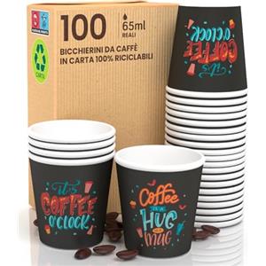 Eurocali 100 Bicchierini in Carta per caffè 65ml Coffee O'Clock Bicchieri Ecologici Biodegradabili Monouso Piccoli Asporto Bevande Calde