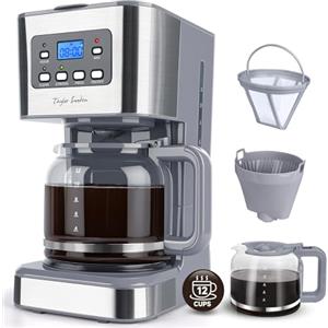 Taylor Swoden Macchina da Caffè Americano 950W per 12 Tazze e Capacità da 1,5 L con Filtro Riutilizzabile e Base con Mantenimento Caldo, Sistema Antigoccia, Timer e BPA FREE - Pewter