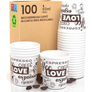 Eurocali 100 Bicchierini in Carta per caffè 65ml LoveWhiteCUP Bicchieri Ecologici Biodegradabili Monouso Piccoli Asporto Bevande Calde