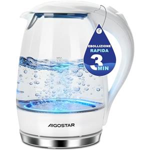 Aigostar Bollitore Elettrico Vetro Bianco 1,7 Litri - Bollitura Rapida Electric Kettle 2200W, illuminazione a LED, Vetro Borosilicato, Senza BPA, Filtro Anticalcare, Spegnimento Automatico