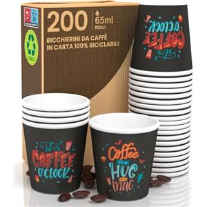 Baciato Caffè 200 Bicchierini in Carta da caffè 65ml Coffee O'Clock Bicchieri Ecologici Biodegradabili Monouso Piccoli Asporto Bevande Calde