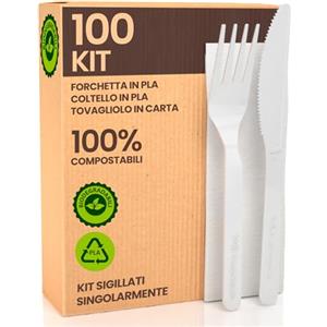 Baciato Caffè Set Ecologico Posate Super Resistenti - 100 pezzi - Forchetta Coltello e Tovagliolo - Ideali per Feste ed Eventi