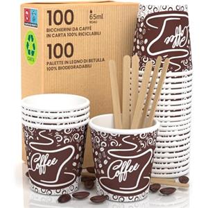 Baciato Caffè 100 Bicchierini in Carta per caffè 65ml BrownCUP Bicchieri Ecologici Biodegradabili e Monouso Piccoli Asporto Bevande Calde + 100 Palettine in legno di Betulla