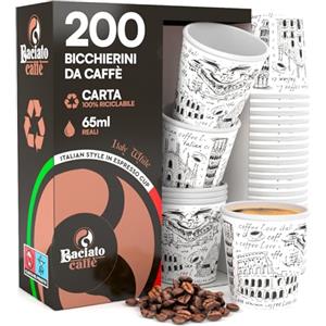 Eurocali 200 Bicchierini in Carta per caffè 65ml Italy White Bicchieri Ecologici Biodegradabili Monouso Piccoli Asporto Bevande Calde