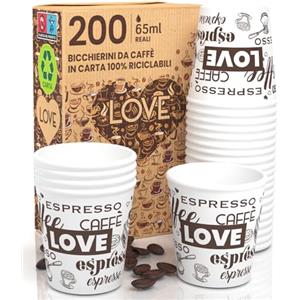 Eurocali 200 Bicchierini in Carta per caffè 65ml LoveWhiteCUP Bicchieri Ecologici Biodegradabili Monouso Piccoli Asporto Bevande Calde