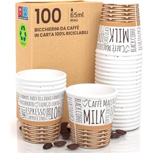 Eurocali 100 Bicchierini in Carta per caffè 65ml SweetCUP Bicchieri Ecologici Biodegradabili Monouso Piccoli Asporto Bevande Calde
