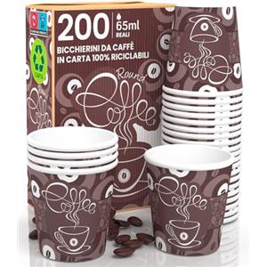 Eurocali 200 Bicchierini per Caffè in Carta 65ml Coffee Round Bicchieri Ecologici Monouso Piccoli Asporto Biodegradabili Bevande Calde