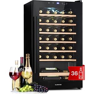 Klarstein Cantinetta Vino, Cantinetta Vino Refrigerata a Zona Singola per Interno/Esterni, Frigo Bar, Cantina Vino con Vetrina, Mini Bar con Protezione UV, Frigo Vino Touch, 4-18°C, 36 Bottiglie
