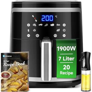 Aigostar 30IBT - Friggitrice ad Aria XXL,1900W, 7L, Air Fryer Senza Olio con 7 Scelte Già Programmate, Pannello Touch a Led, Cestello Removibile anti Aderente, Mantenimento Calore, 20- Ricette, Nero