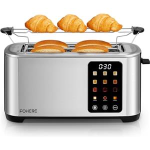 FOHERE Tostapane 4 Fette con Touch Screen, Ampia Fessura e 9 Livelli, Acciaio Inossidabile, Vassoio Estraibile, Funzioni Scongelamento/Riscaldamento