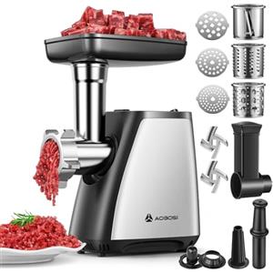 AAOBOSI Tritacarne AAOBOSI, Tritacarne Elettrico 4-IN-1[2800W Max]con 3 Affettatrici,Lame per Tritare, 2 Lame, 3 Piatti, Insaccatrice per Salsicce, Kit Kubbe, per Uso Domestico in Cucina, Acciaio Inossidabile