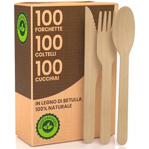 Baciato Caffè Set Posate Ecologiche Monouso in Legno di Betulla - 100 Forchette + 100 Coltelli + 100 Cucchiai - Usa e Getta 100% Naturali Biodegradabili Compostabili