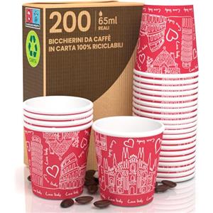 Baciato Caffè 200 Bicchierini in Carta da caffè 65ml Italy Red Bicchieri Ecologici Biodegradabili Monouso Piccoli Asporto Bevande Calde