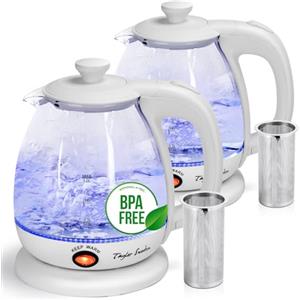 Taylor Swoden Bollitore in vetro da 1 litro, 2200 W, bollitore elettrico con illuminazione a LED, senza BPA, funzione di mantenimento in caldo, con infusore e filtro rimovibile, bianco, 2Pcs