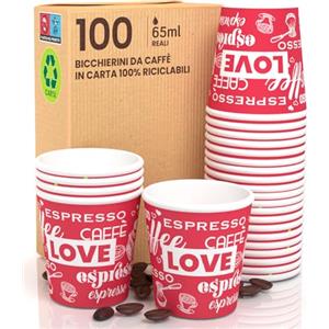 Eurocali 100 Bicchierini in Carta per caffè 65ml LoveRedCUP Bicchieri Ecologici Biodegradabili Monouso Piccoli Asporto Bevande Calde