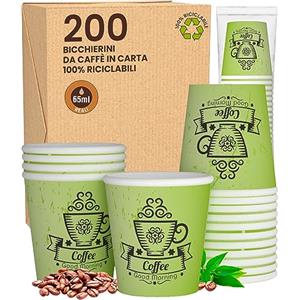 Eurocali 200 Bicchierini in Carta per caffè 65ml CuzcoGreenCUP Bicchieri Ecologici Biodegradabili Monouso Piccoli Asporto Bevande Calde
