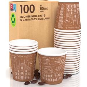 Eurocali 100 Bicchierini in Carta per caffè 65ml Italy Brown Bicchieri Ecologici Biodegradabili Monouso Piccoli Asporto Bevande Calde