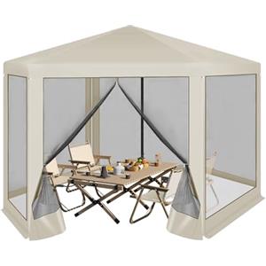 WOLTU Gazebo da Esterni, Pergolato da Giardino, Gazebo Pieghevole e Impermeabile, con Pareti Laterali a Zanzariera, Esagonale, per Campeggio, Feste, 3,8x3,3m, Beige