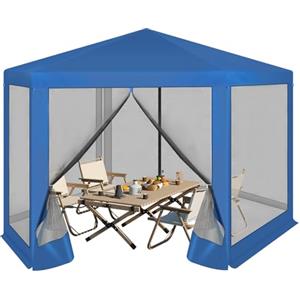 WOLTU Gazebo da Esterni, Pergolato da Giardino, Gazebo Pieghevole e Impermeabile, con Pareti Laterali a Zanzariera, Esagonale, per Campeggio, Feste, 3,8x3,3m, Blu