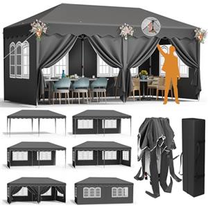 LIFERUN Gazebo 3x6, Gazebo Pieghevole 3x6 Stabile Impermeabile, 6 panneaux latéraux,Tente de Reception, fête extérieure, per Festival/Campeggio/Mercato,Grigio