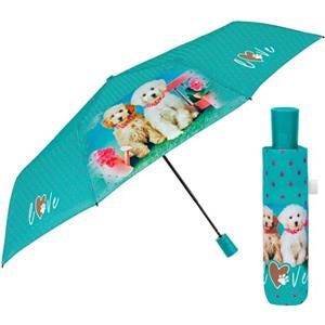 PERLETTI Ombrello Pieghevole Automatico Donna con Cagnolini - Ombrellino Antivento Compatto Piccolo Resistente - Ombrello Mini da Viaggio Borsa Ragazza Cuccioli - Diametro 96 cm (Azzurro con Cani)