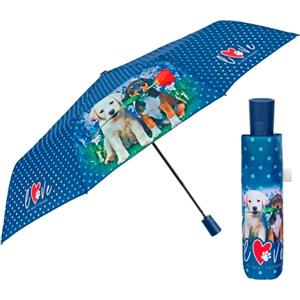 PERLETTI Ombrello Pieghevole Automatico Donna Blu con Cagnolini - Ombrellino Antivento Compatto Piccolo Resistente - Ombrello Mini da Viaggio Borsa Ragazza Cuccioli - Diametro 96 cm (Blu con Cani)